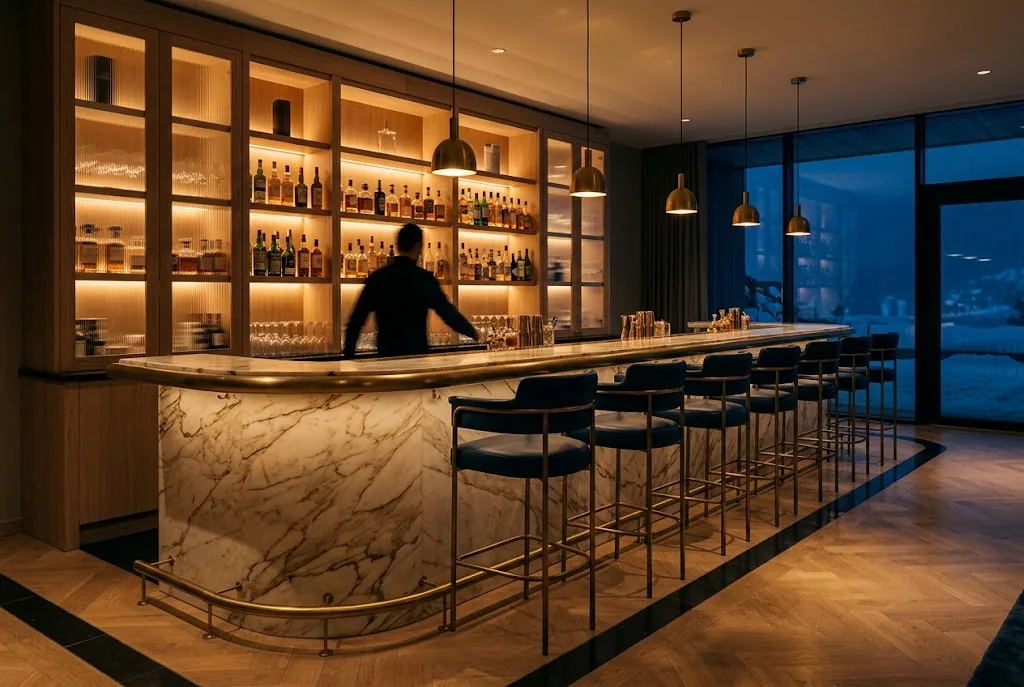 Artist's impression of the planned bar with a marble counter, brass stools and backlit shelves