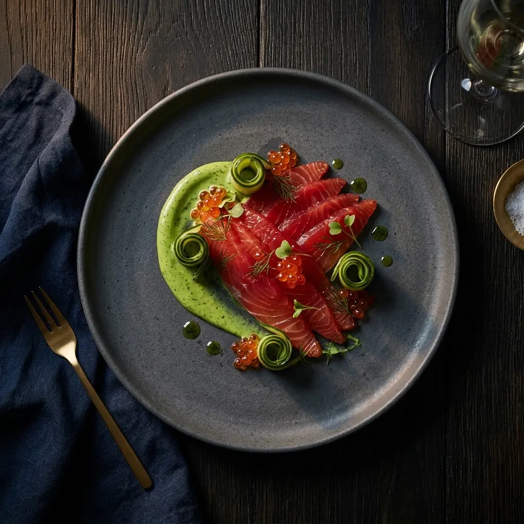 Artist's impression of cured trout with pea purée and cucumber on a grey plate