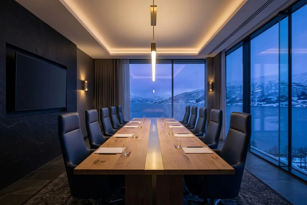 Artist's impression of a boardroom with a long oak table and a window onto the fjord