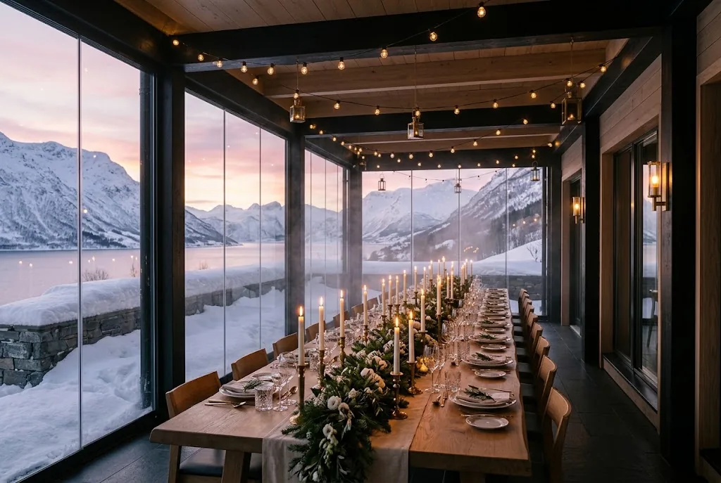 Artist's impression of a candlelit wedding dinner in a glass pavilion above the snowy fjord
