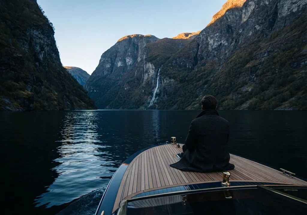 Artist's impression of a guest on the bow of a boat between steep fjord walls and a waterfall