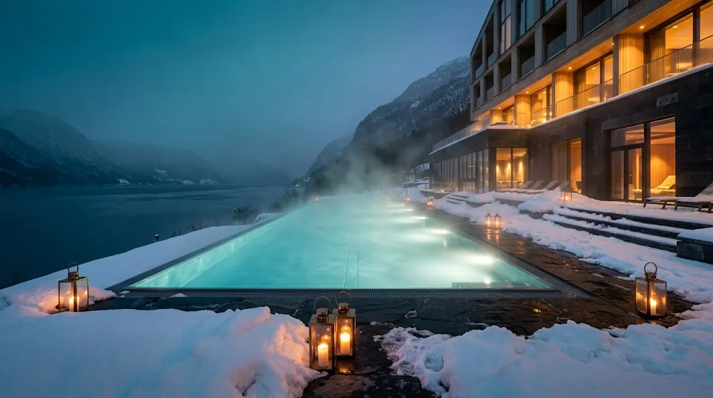 Artist's impression of the planned outdoor pool steaming in the snow beside the fjord, lined with lanterns