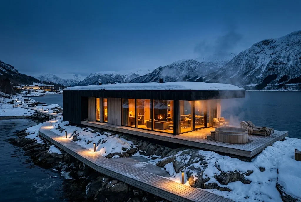 Artist's impression of the planned Fjord Villa, a single-storey pavilion on a timber deck at the water's edge