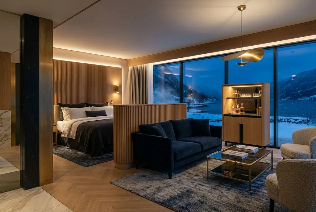 Artist's impression of the planned Junior Suite, its bedroom screened from a sitting area with a navy sofa